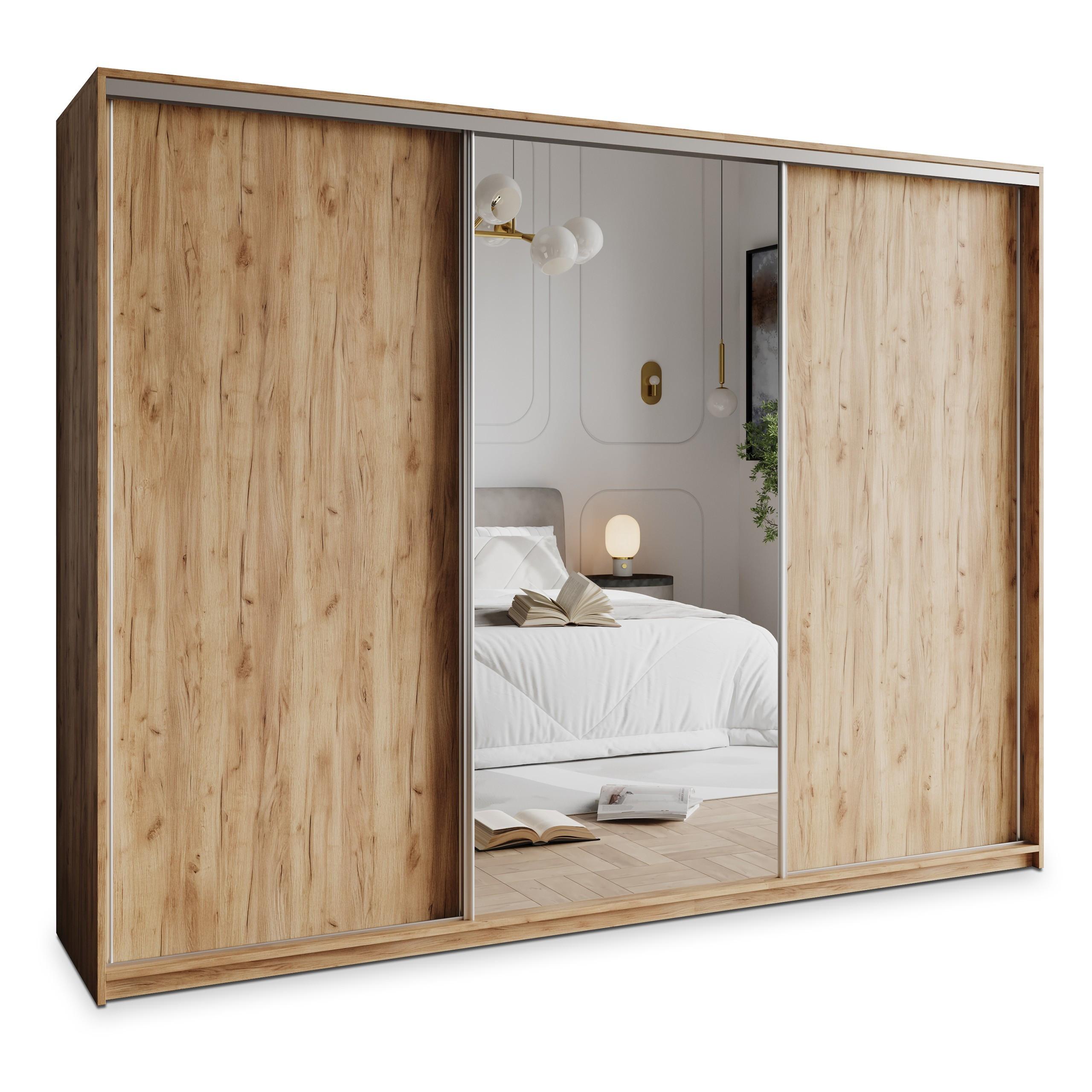 SCHWEBETÜRENSCHRANK TAVI 250/205/60 cm 3-türig mit Spiegel und Schubladen Craft Eiche Gold - Orange/Nickelfarben, Holzwerkstoff (250/205/60cm) - MASSENO