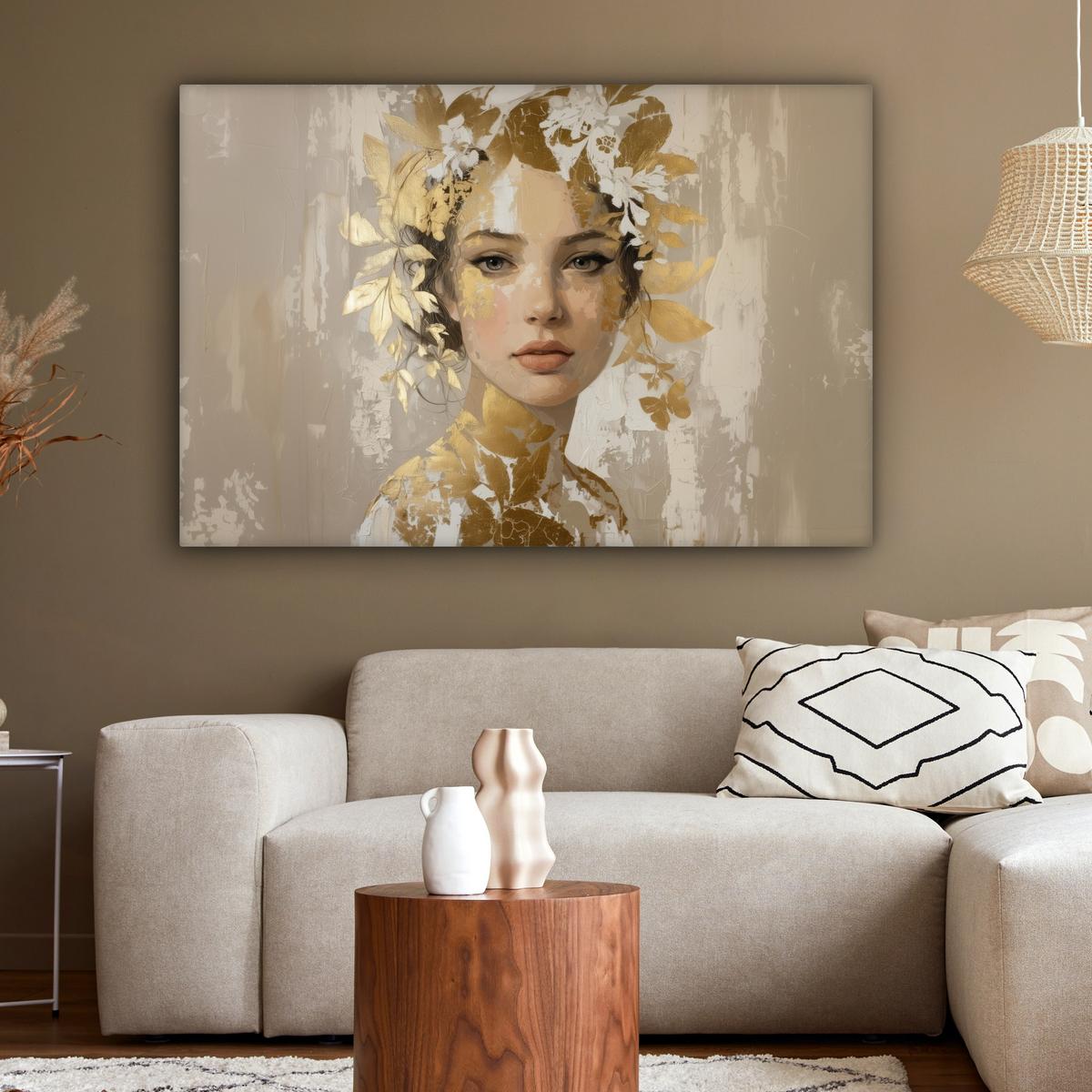 LEINWANDBILD Gesicht - Frau - Blätter - Gold Wohnzimmer Groß 120x80 cm - Beige, Textil (120/80cm) - MuchoWow