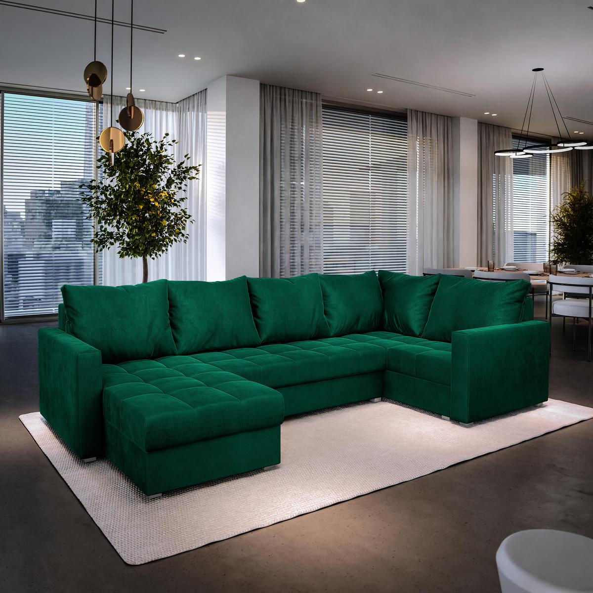 WOHNLANDSCHAFT LORIVO R-S Grün Plüsch-Stoff mit Schlaffunktion - Grau/Grün, Holz/Kunststoff (285/85/150cm) - MASSENO