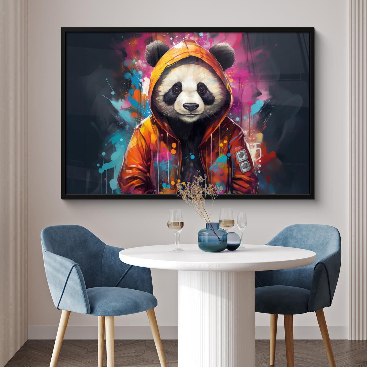 POSTER MIT RAHMENGERAHMTES BILD Panda - Jacke - Graffiti - Orange 120x80 cm - Orange, Papier (120/80cm) - MuchoWow
