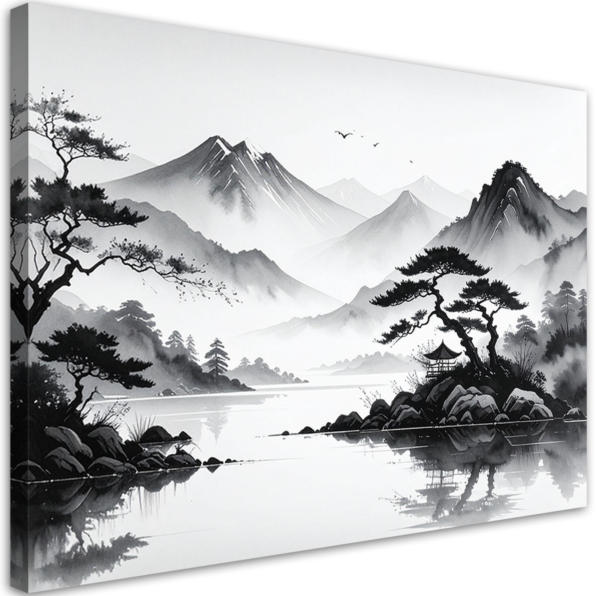 LEINWANDBILD Japanische Landschaft gemalt mit Tinte 100x70cm - Schwarz, Textil (100/70cm) - Feeby