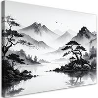 LEINWANDBILD Japanische Landschaft gemalt mit Tinte 100x70cm - Schwarz, Textil (100/70cm) - Feeby