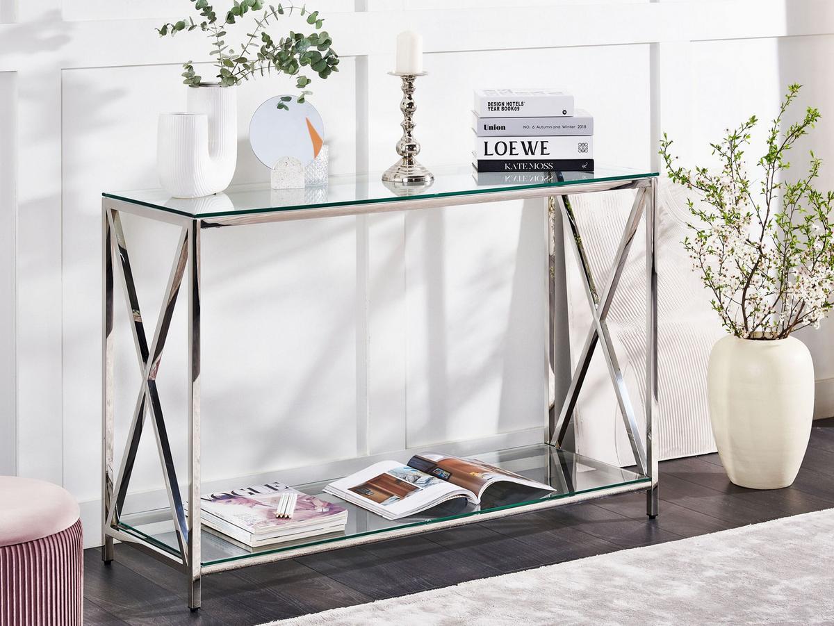 CONSOLENTISCH Glas silber 120/40/76 cm Audet - Transparent/Silberfarben, Glas (40/120/76cm) - Beliani