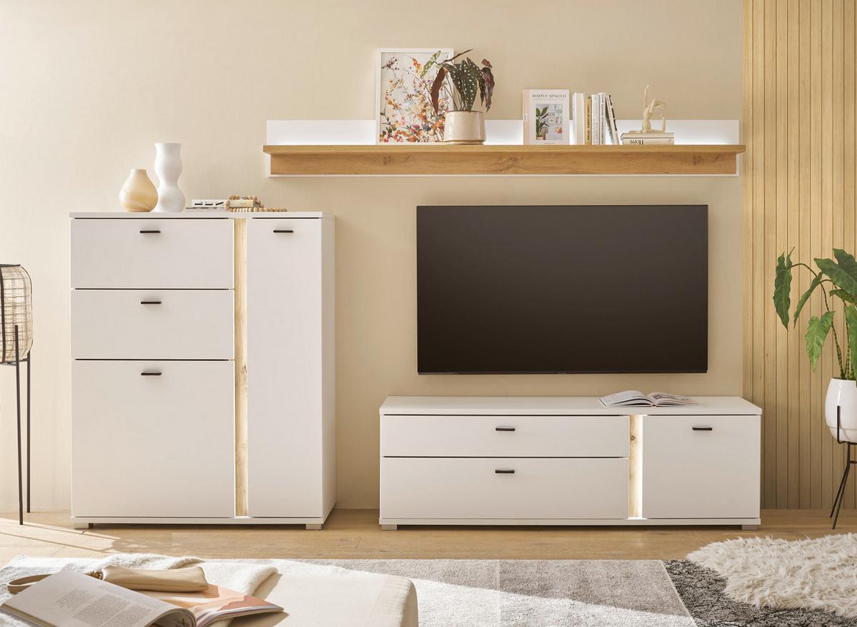 HIGHBOARD weiß matt, Eiche Wotan 100 x 125 cm, Kommode inklusive Frontbeleuchtung - Eiche Wotan/Silberfarben, Holzwerkstoff/Kunststoff (100/125/42cm) - Furn.Design