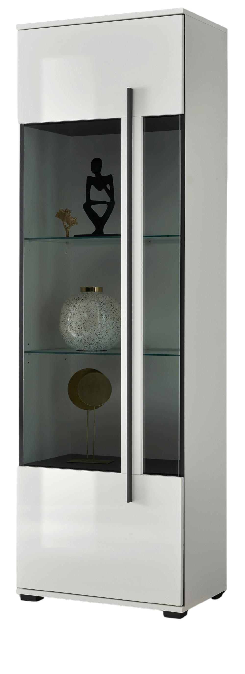 VITRINE weiß Hochglanz 60 x 200 cm, Vitrinenschrank mit 5 Fächern - Weiß Hochglanz/Schwarz, Glas/Holzwerkstoff (60/200/37cm) - Furn.Design