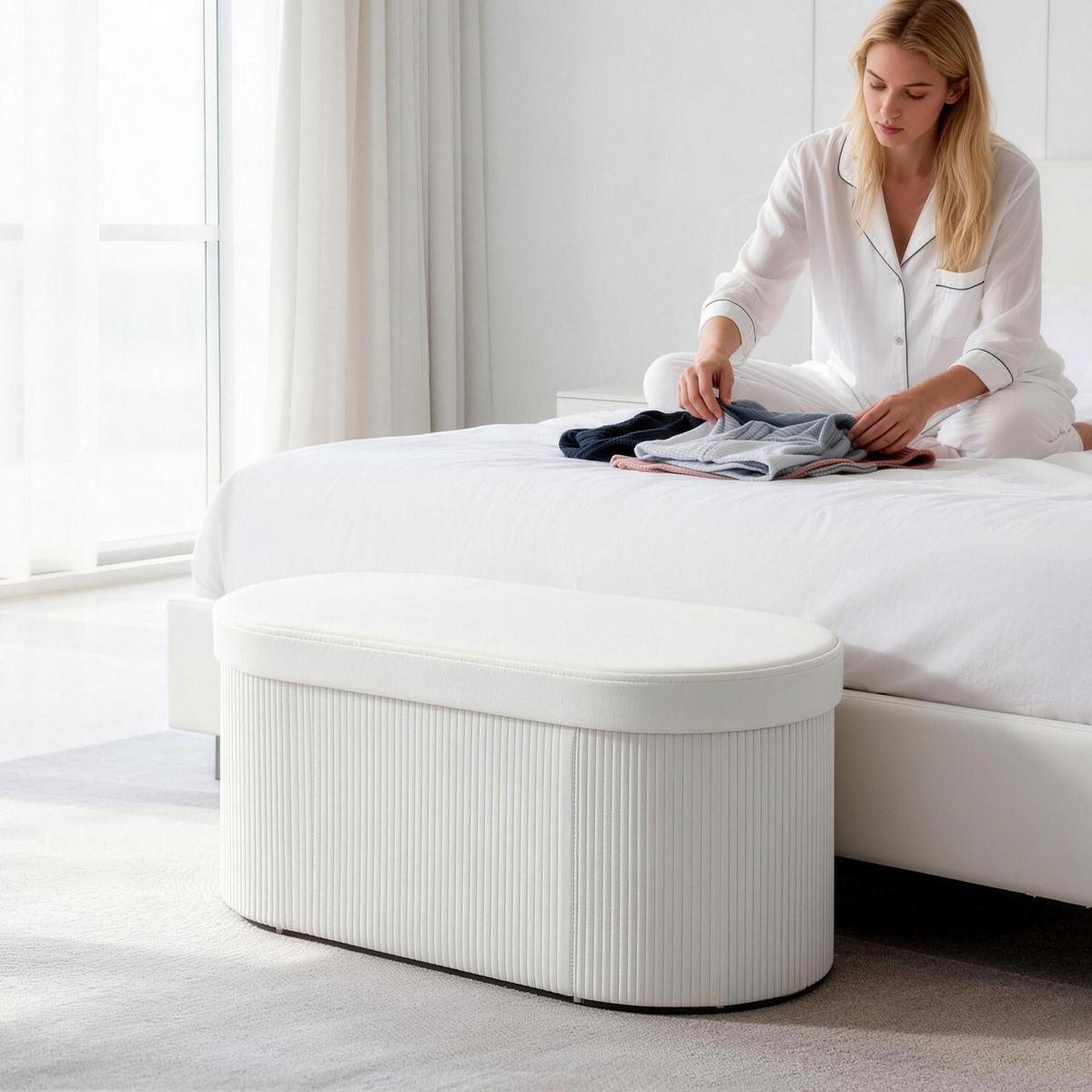SITZBANK mit Stauraum Weiß 76/38/35 cm - Creme, Textil (38/35/76cm) - HOMCOM