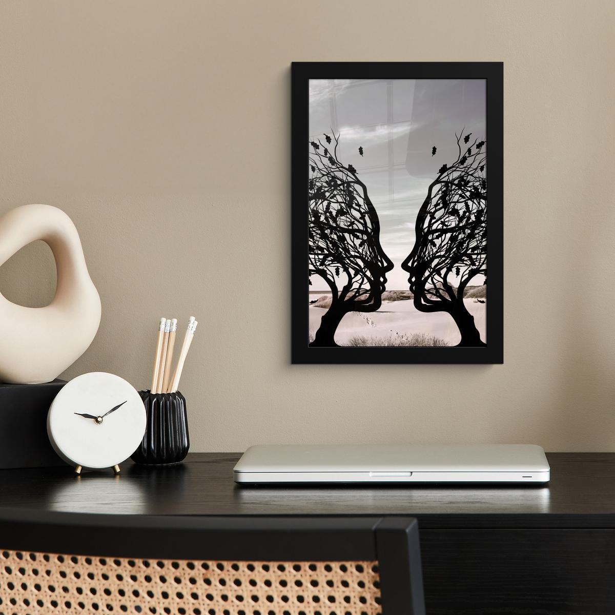 POSTER MIT RAHMEN Strand - Meer - Menschen - Baum - Moderne Kunst Poster 20x30 cm - Hellgrau, Papier (20/30cm) - MuchoWow