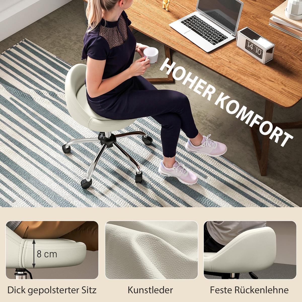 ROLLHOCKER Höhenverstellbarer Arbeitshocker 63-83 cm Drehhocker mit Rädern - Weiß, Kunststoff (35/83/35cm) - HOMCOM