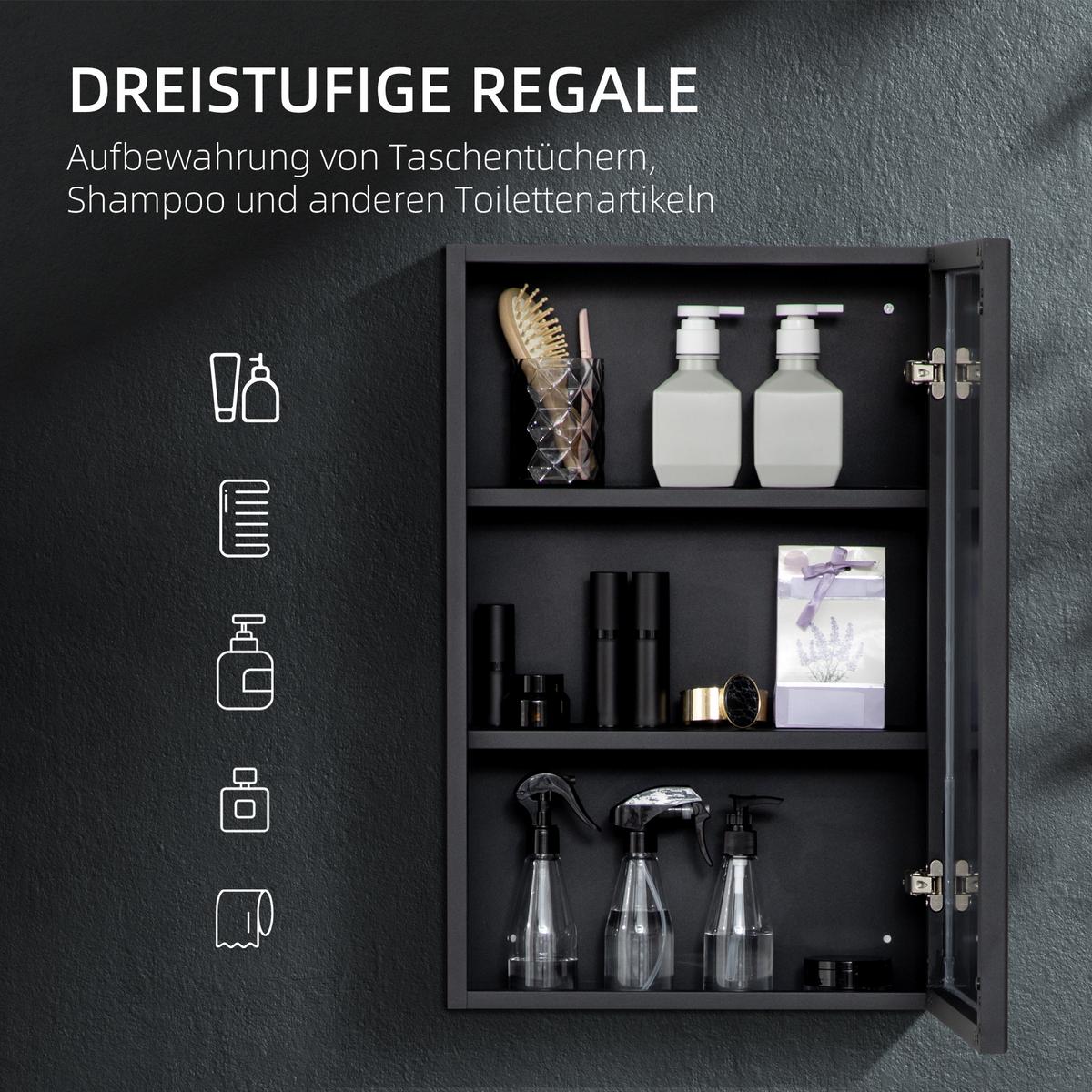 SPIEGELSCHRANK mit 3 Etagen, für Schlafzimmer, Schwarz, 40 x 12 x 60 cm - Schwarz, Glas (40/60/12cm) - Kleankin