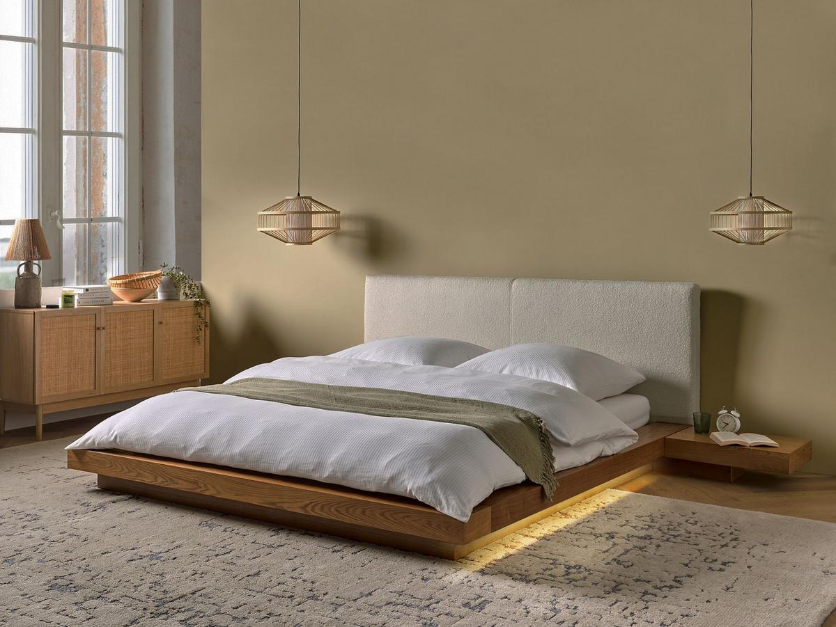 BETT mit LED 160/200 cm MDF-Platte Hellbraun Zen - Hellbraun, Holz (160/200cm) - Beliani