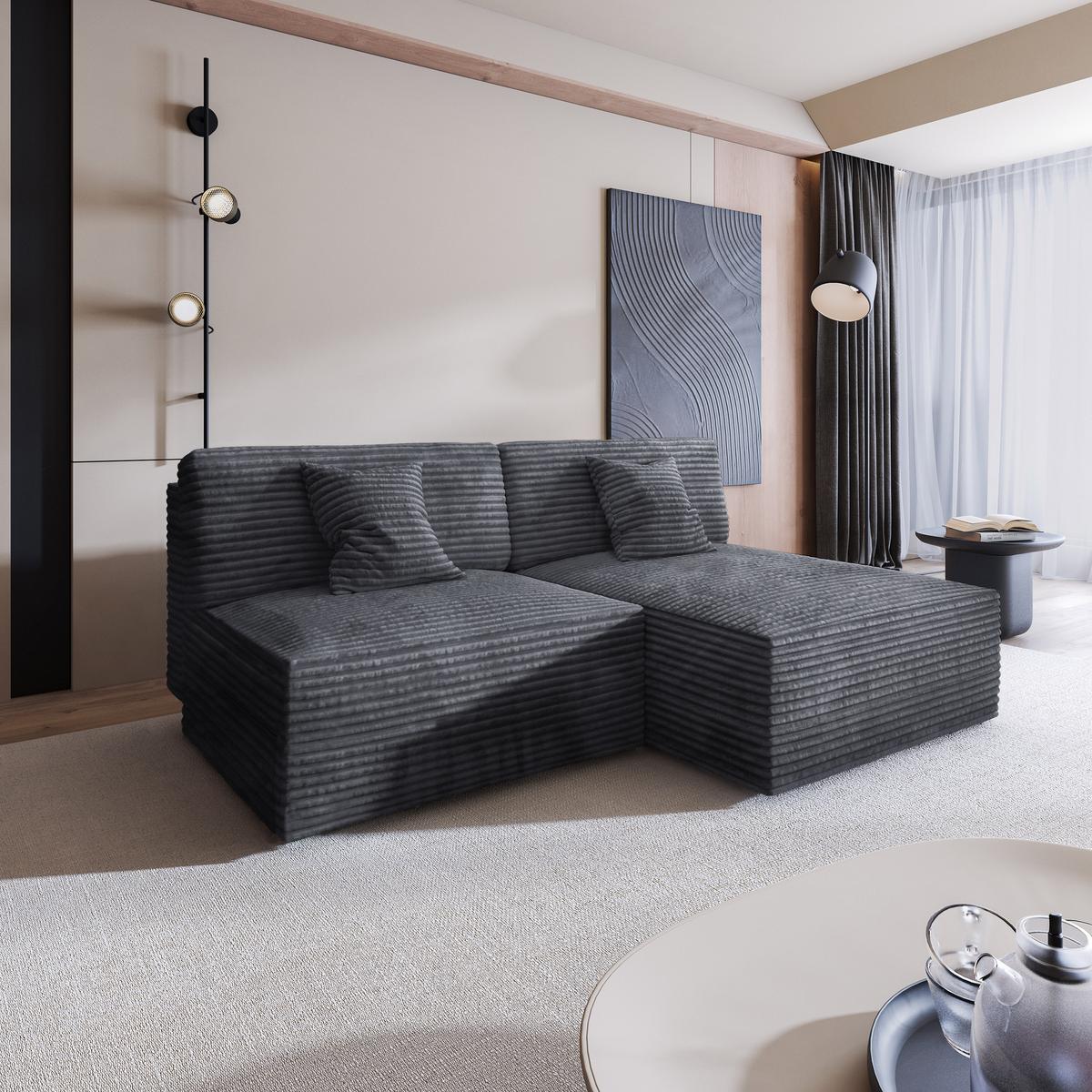 ECKSOFA FIORO Graphitfarben Kordstoff mit Schlaffunktion - Graphitfarben, Holz (204/148cm) - MASSENO