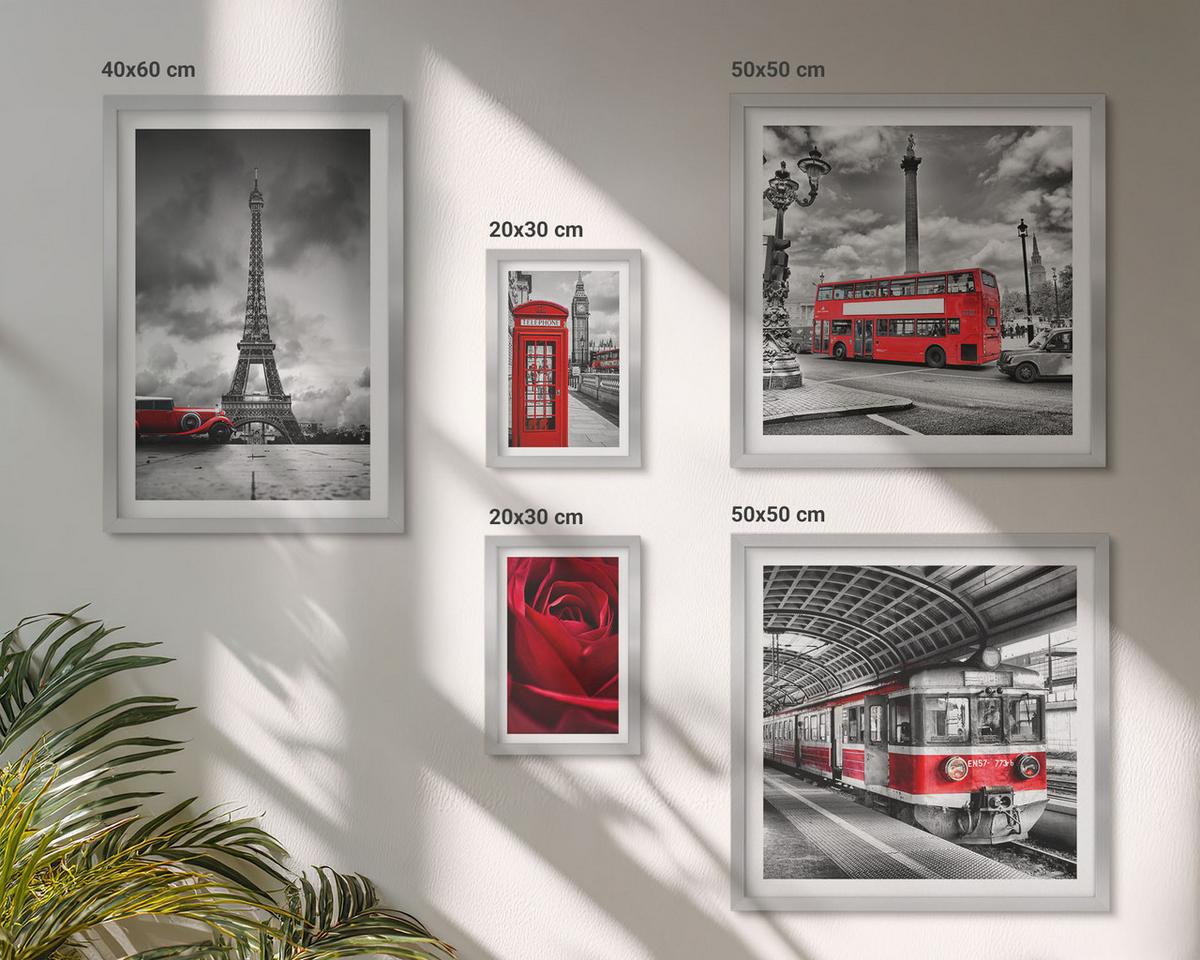 BILDER SET 5er Set - 50x50 cm & 20x30 cm & 40x60 cm Silberner Rahmen - Ikonische Städte London Paris Eisenbahn - Silberfarben, Kunststoff (40/60cm) - TULUP