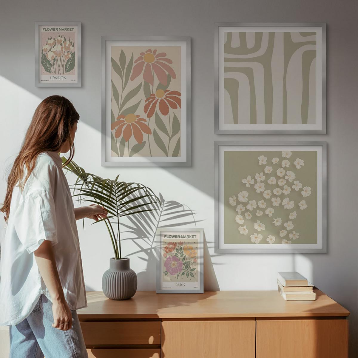 BILDER SET 5er Set - 50x50 cm & 20x30 cm & 40x60 cm Silberner Rahmen - Botanische Motive, Pariser Minimalismus - Silberfarben, Kunststoff (40/60cm) - TULUP