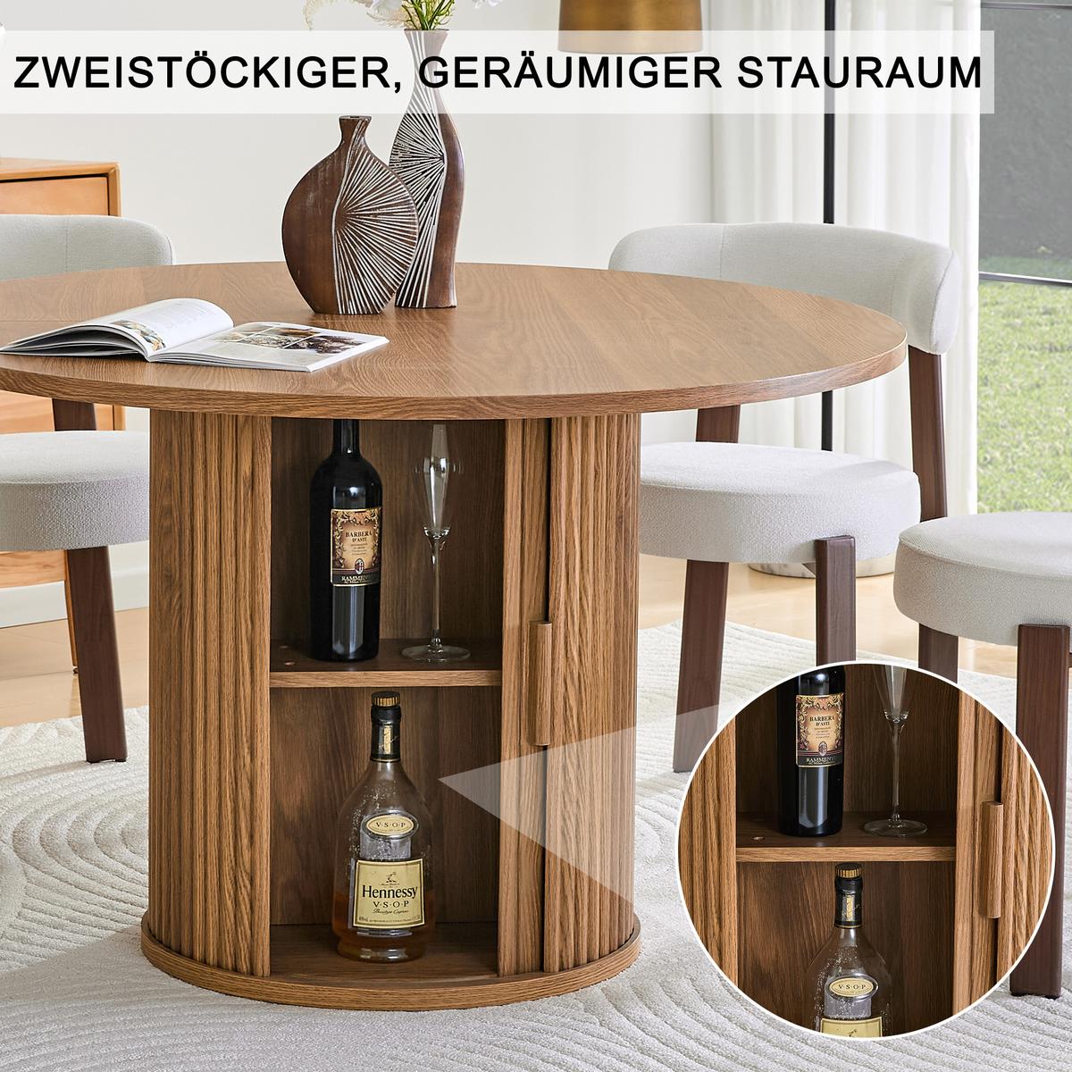 ESSTISCH aus Holzwerkstoff in Nussbaum-Optik, rund (Ø 120cm) mit Lamellen-Sockel und Stauraum - Walnussfarben, Holzwerkstoff (120/120/75.5cm) - Urban Meuble