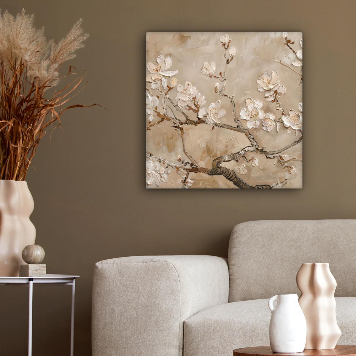 LEINWANDBILD Blumen - Modern - Beige - Weiß - Blüte Wandbild Wohnzimmer 50x50 cm - Beige, Textil (50/50cm) - MuchoWow