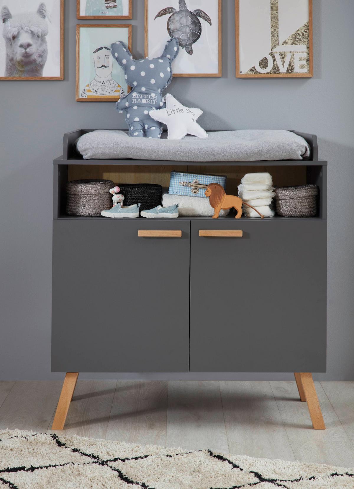 WICKELKOMMODE grau matt mit Buche massiv, Wickeltisch 96 x 105 cm - Eichefarben/Buchefarben, Holz/Holzwerkstoff (78/105/96cm) - Top.Furn