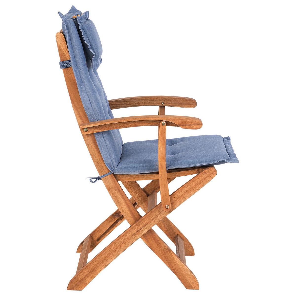GARTENSTUHL 2er-Set Akazienholz hellbraun Auflagen blau Maui - Hellbraun/Blau, Holz (42/93/48cm) - Beliani
