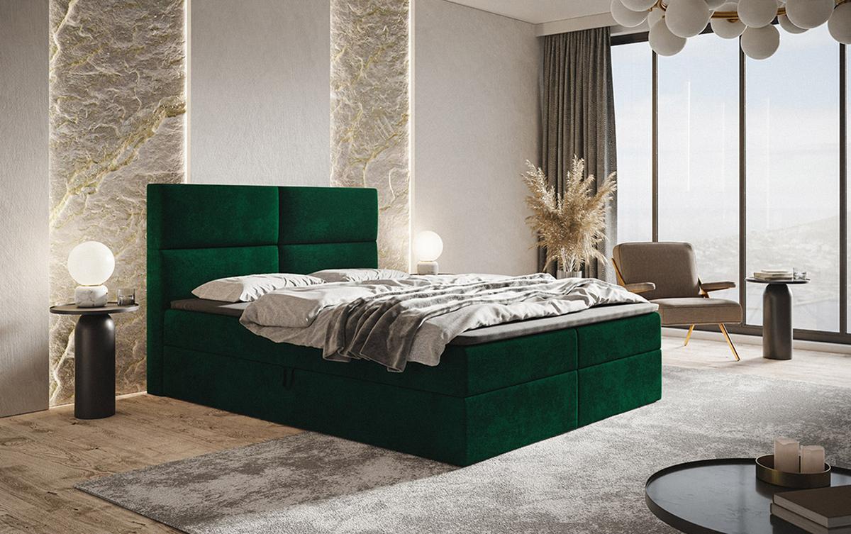 BOXBETT Bonio III 140/200 cm in Grün – mit Bettkasten und Topper - Schwarz/Grün, Holz/Holzwerkstoff (140/200cm) - AX Living