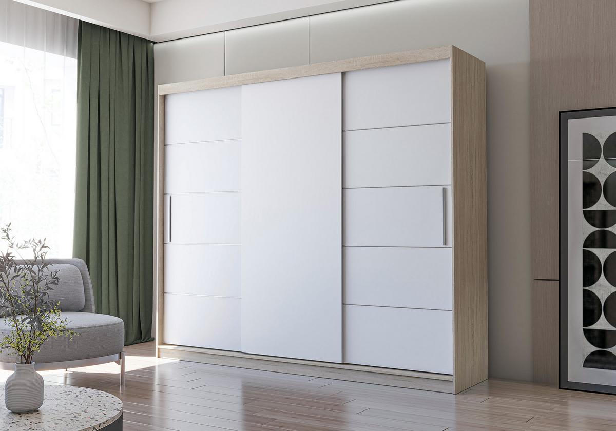 SCHWEBETÜRENSCHRANK ALBA Weiß/Weiß ohne Spiegel und ohne LED Beleuchtung 250 cm - Alufarben/Weiß, Holzwerkstoff/Kunststoff (250/218/61cm) - imoebel24