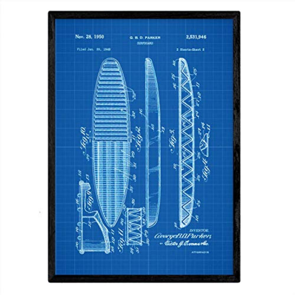POSTER Surfbrett Patent A3 Rahmenlos - Blau, Papier (29.7/5/42cm) - Nacnic