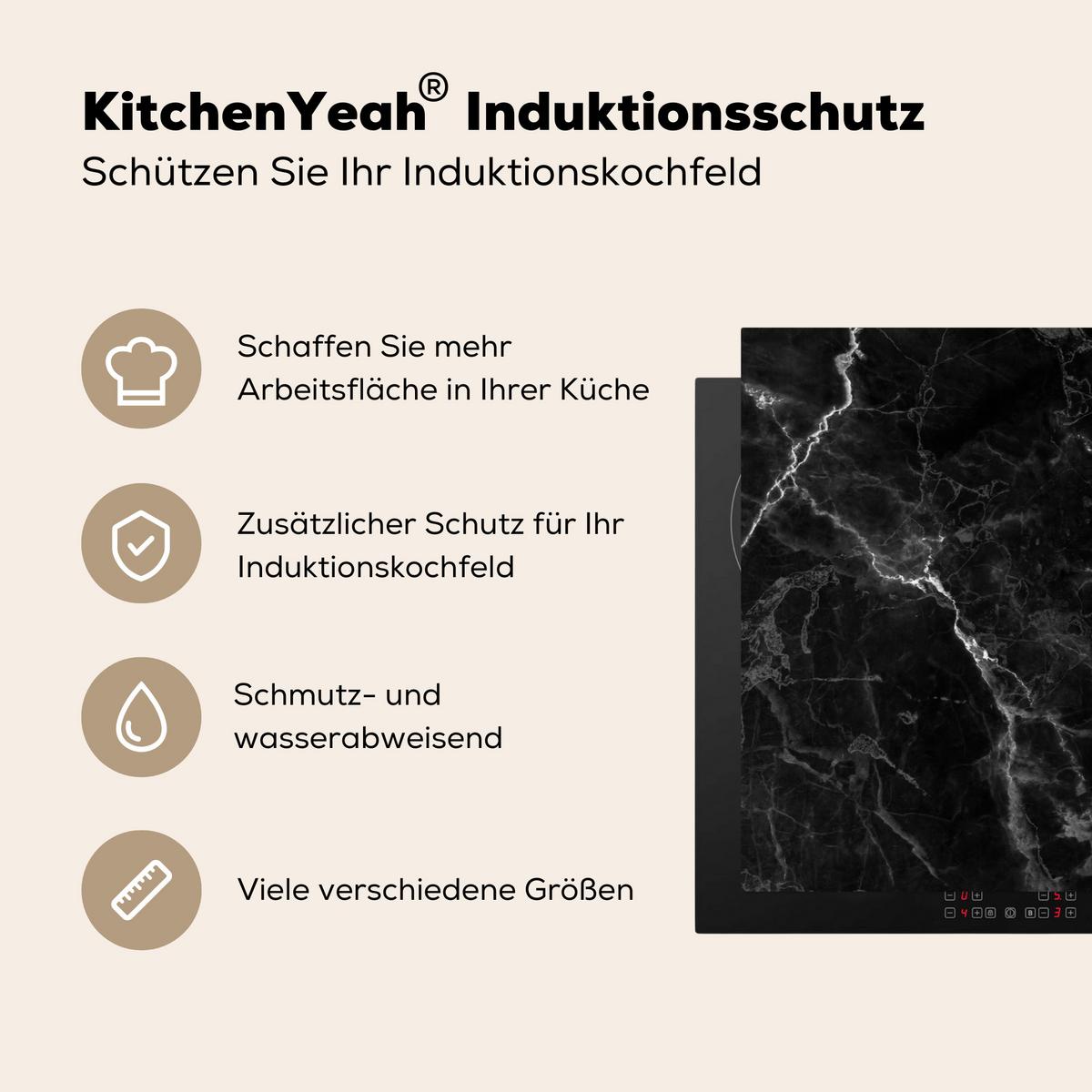 HERDABDECKPLATTE Marmor - Schwarz - Weiß - Textur - Marmoroptik Induktionsschutz 91.6x52.7 cm - Silberfarben, Kunststoff (91.6/52.7/0.2cm) - MuchoWow