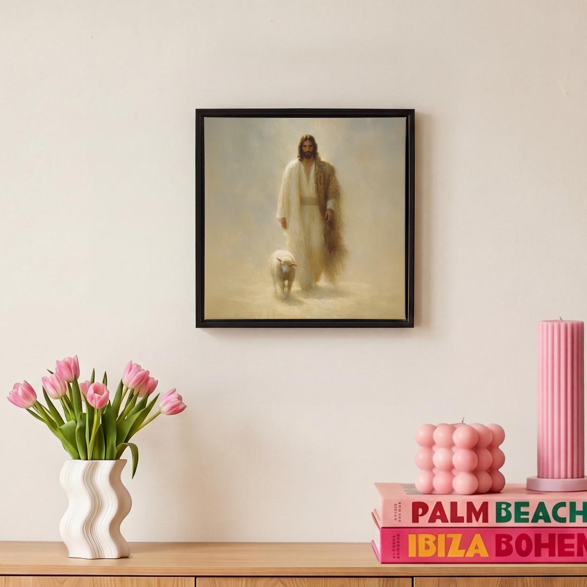 LEINWAND Bilder mit Rahmen - Schaf - Jesus - Pinselstriche - Abstrakt - 20x20 - Beige, Textil (20/20cm) - MuchoWow