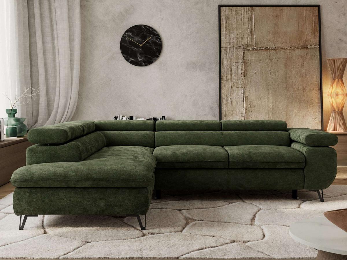 ECKSOFA PABLO L Dunkelgrün Schenille glatt - Links Seite mit Visco Topper - Dunkelgrün/Schwarz, Textil/Metall (208/273cm) - MKS