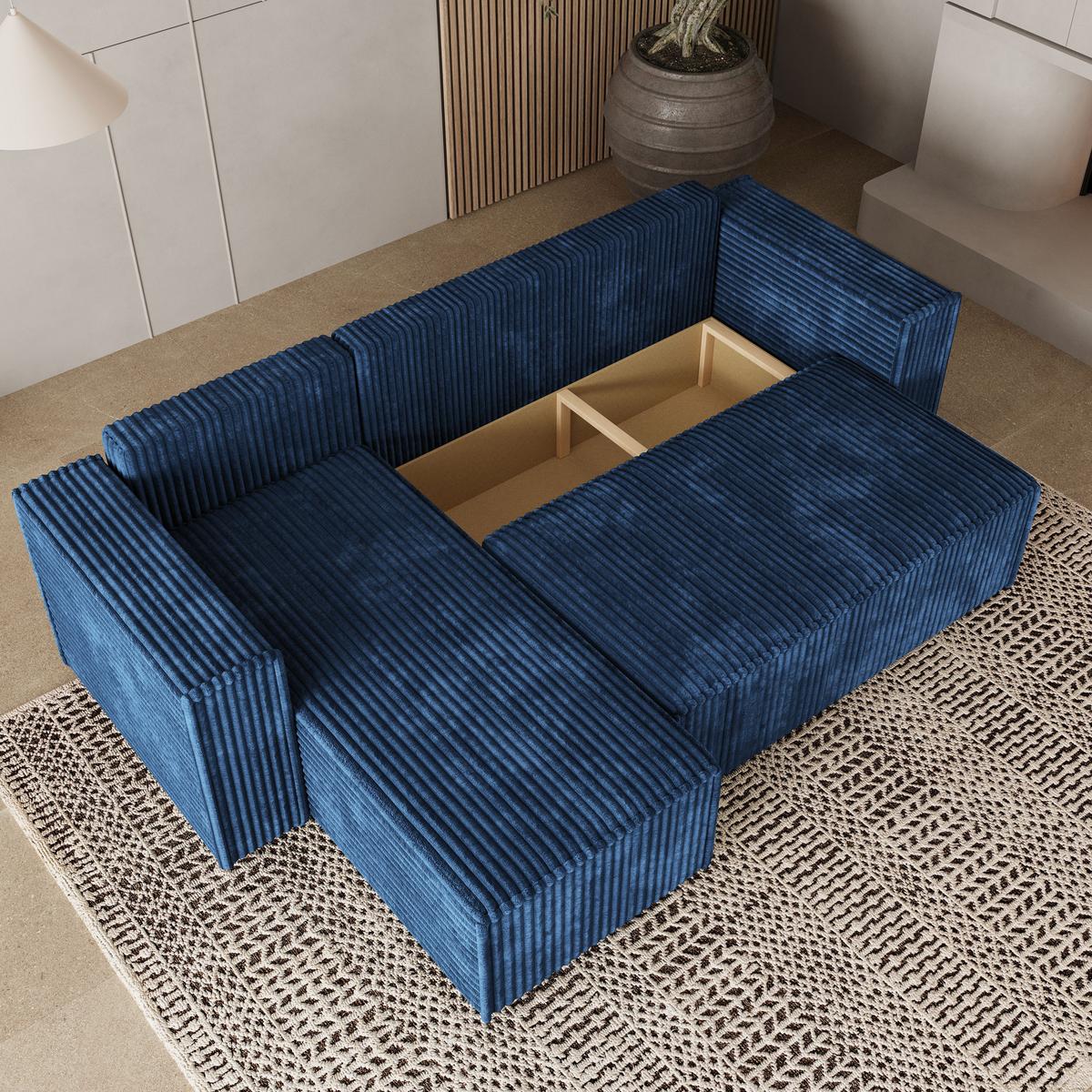 ECKSOFA RAVELO T Blau Kordstoff mit Schlaffunktion - Blau/Grau, Holz/Kunststoff (240/140cm) - MASSENO