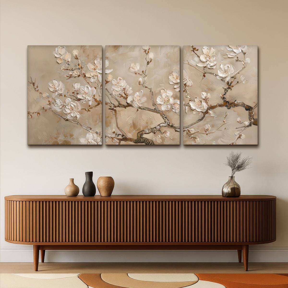 LEINWANDBILD 3er Set Beige - Blüte - Modern 180x80 cm - Beige, Textil (180/80cm) - MuchoWow