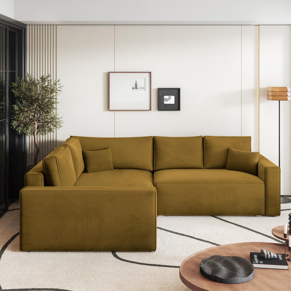 ECKSOFA ERONIS L-S Gelb Velours-Stoff mit Schlaffunktion - Gelb, Holz (265/194cm) - MASSENO