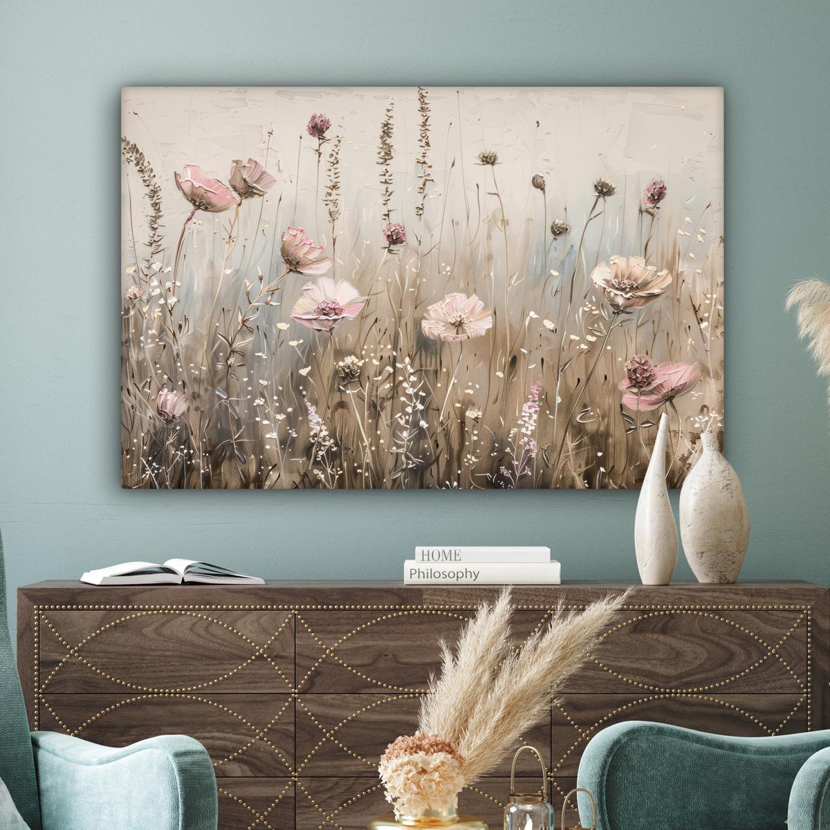 LEINWANDBILD Blumen - Rosa - Modern - Beige Wohnzimmer Groß 120x80 cm - Beige, Textil (120/80cm) - MuchoWow
