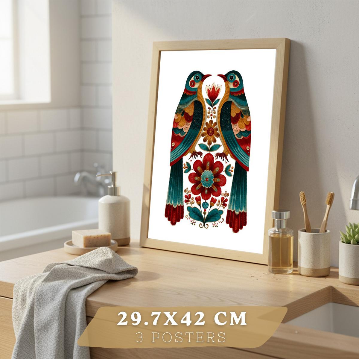 POSTER 3er-Set dekorative Badezimmer-Kunstdrucke, farbenfrohe im Stil der Volkskunst, Toilette mit Hahn, Schmetterling Vögeln Leichter Holzrahmen A3 - Beige, Papier (42/29.7/3cm) - Nacnic