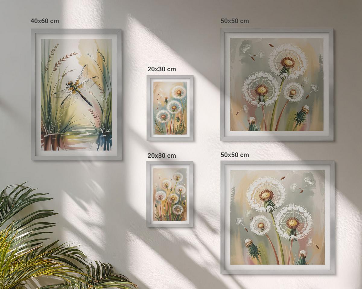 BILDER SET 5er Set - 50x50 cm & 20x30 cm & 40x60 cm Silberner Rahmen - Pastellfarbene Löwenzahnblüten - Silberfarben, Kunststoff (40/60cm) - TULUP