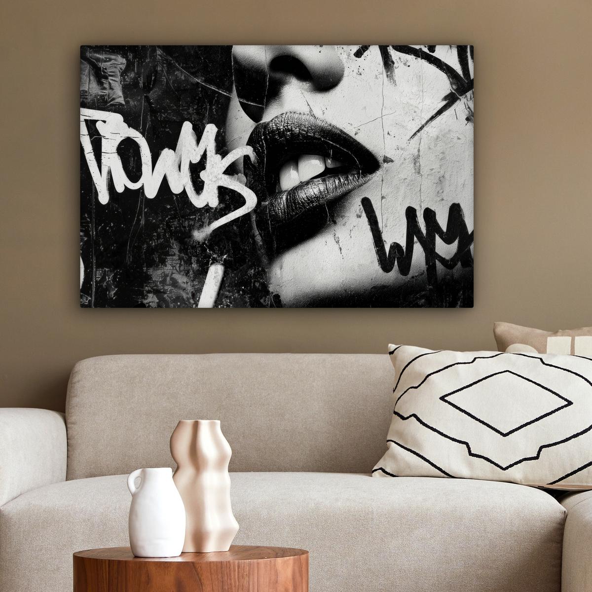LEINWANDBILD Gesicht - Mund - Graffiti - Schwarz Wanddeko 90x60 cm - Schwarz, Textil (90/60cm) - MuchoWow