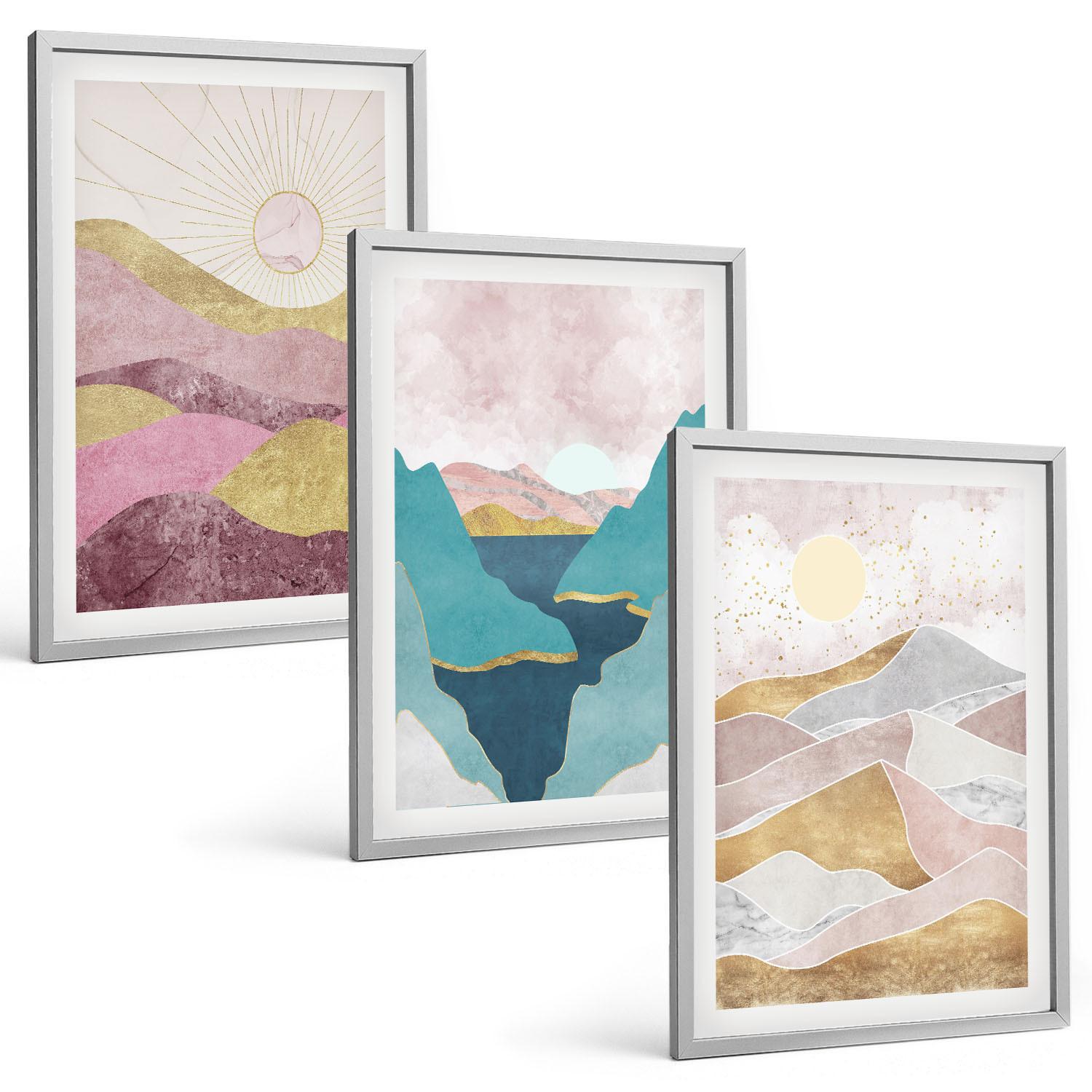 BILDER SET 3er Set - 40x60 cm Silberner Rahmen - Abstrakte Berge Sonne - Silberfarben, Kunststoff (40/60cm) - TULUP