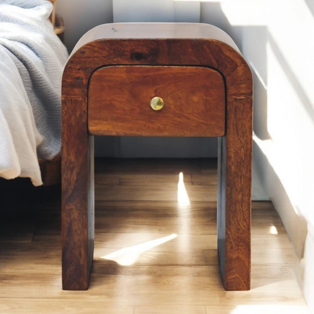 DARCY Nachttisch mit abgerundeten Kanten, 1 Schublade, Braun - Messingfarben/Braun, Mangoholz/Holz (30/40/30cm) - Artisan Furniture