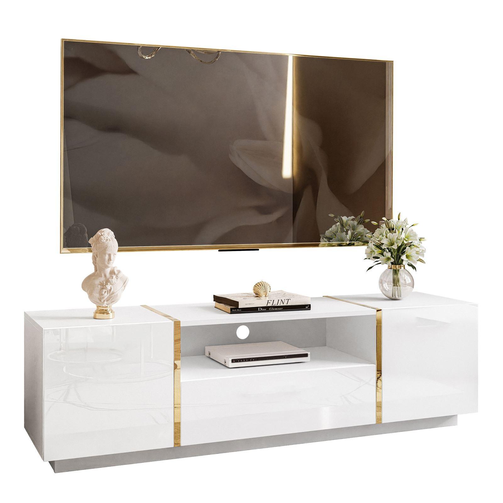 TV-ELEMENT ONYX HOCHGLANZ 158 CM PUSH OPEN - Goldfarben/Weiß, Holzwerkstoff (158/46/41.3cm) - Lookway