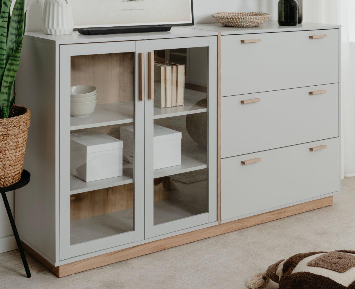SIDEBOARD grau, Hickory Walnuss 163 cm, Kommode mit Glastüren - Walnussfarben/Grau, Glas/Holzwerkstoff (162.5/94/40cm) - Furn.Design