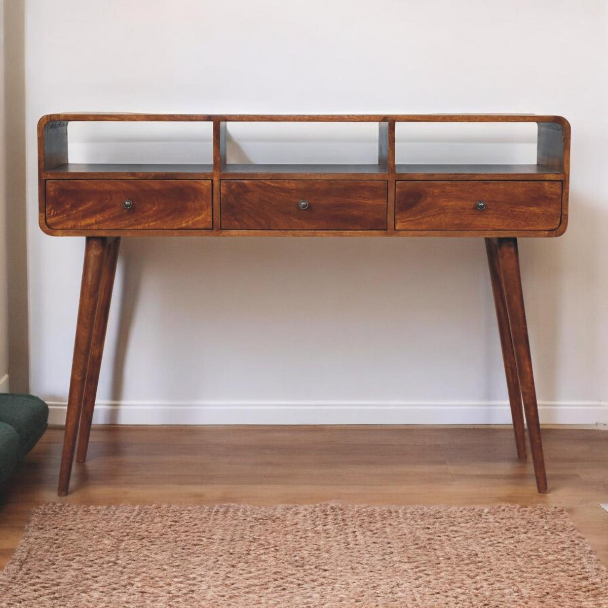 KONSOLE Dreifach Geschwungen Kastanie, 3 Schubladen und 3 Offene Fächer, Dunkelbraun - Dunkelbraun/Messingfarben, Holz/Metall (40/130/95cm) - Artisan Furniture