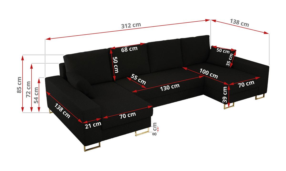 WOHNLANDSCHAFT DORIAN U Bouclé Schwarz - Goldfarben/Schwarz, Textil/Metall (312/85/138cm) - MKS