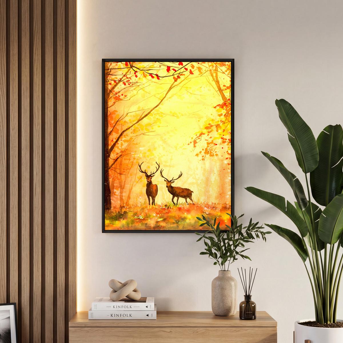 LEINWAND Bilder mit Rahmen - Natur - Ölfarbe - Hirsche - Tiere - Herbst - Orange - 50x70 - Orange, Textil (50/70cm) - MuchoWow