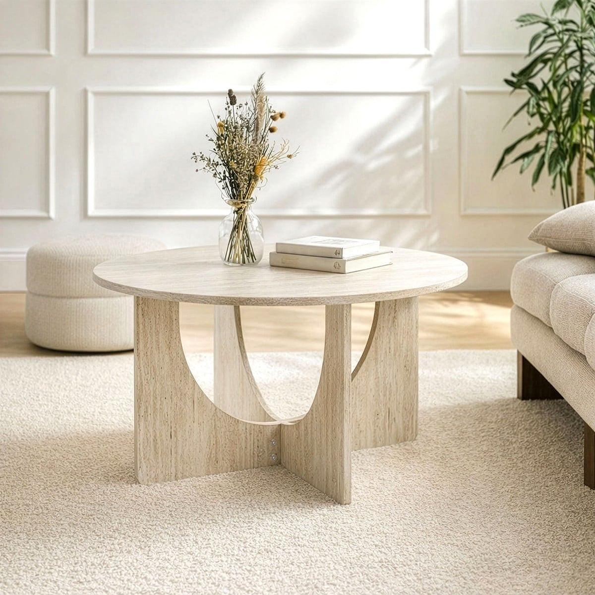 COUCHTISCH mit runder Tischplatte im Travertin-Optik 70/70/42 cm - Beige, Holzwerkstoff (9.5/70/42cm) - Calicosy