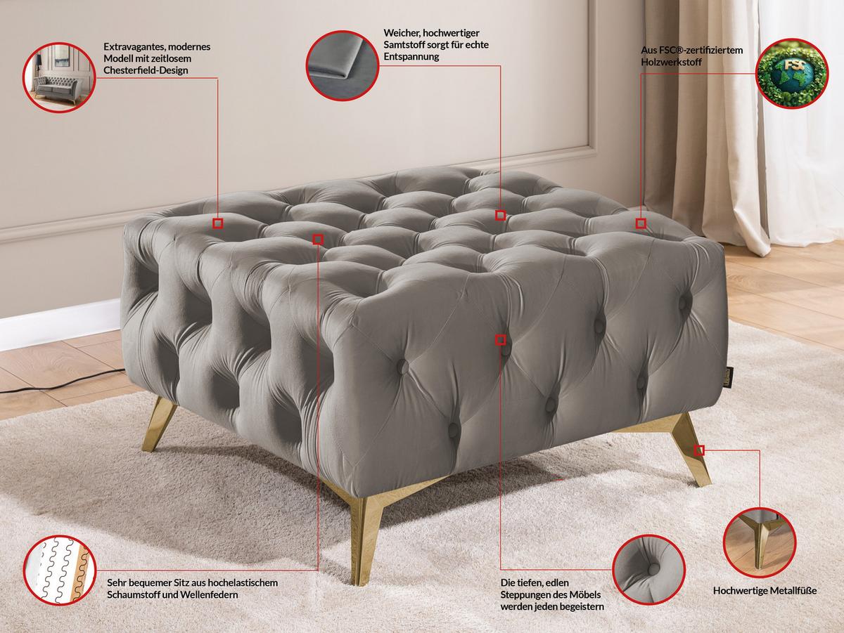 HOCKER Chesterfield Whitby Grau Samt mit goldenen Füßen - Goldfarben/Grau, Holz/Textil (80/45/80cm) - S-Style Möbel