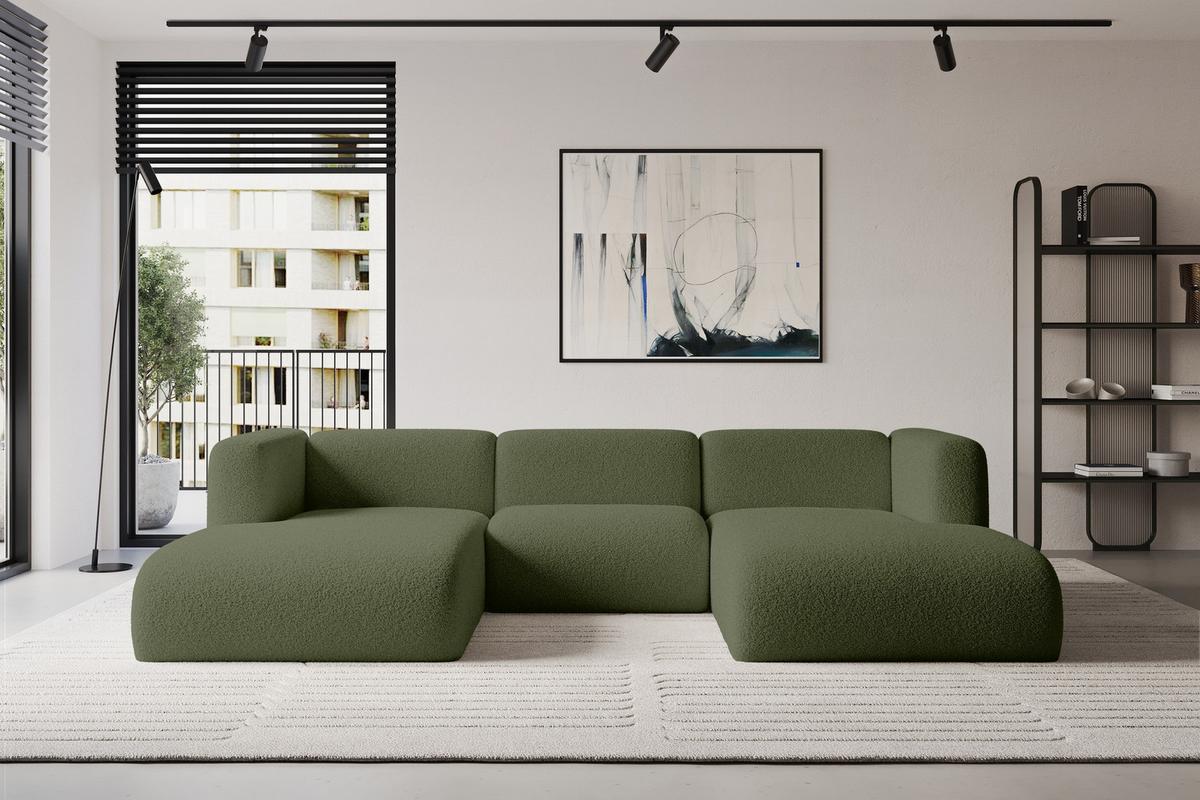 WOHNLANDSCHAFT MIRA-U1 317x179x70 Grün Bouclé - Schwarz/Olivgrün, Holzwerkstoff/Kunststoff (317/70/179cm) - ALTDECOR
