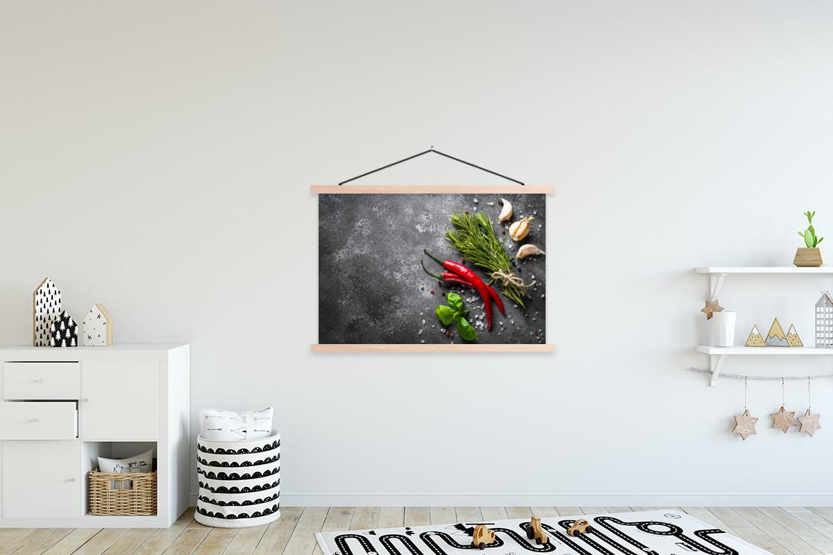 POSTER MIT MAGNETLEISTEN Pfeffer - Kräuter - Gewürze - Beton Magnetleiste 120x80 cm - Dunkelgrau, Textil (120/80/0.15cm) - MuchoWow