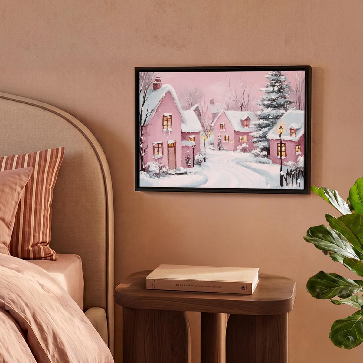 LEINWAND Bilder mit Rahmen - Weihnachtsdorf - Rosa - Winter - Schnee - Häuser - 40x30 - Altrosa, Textil (40/30cm) - MuchoWow