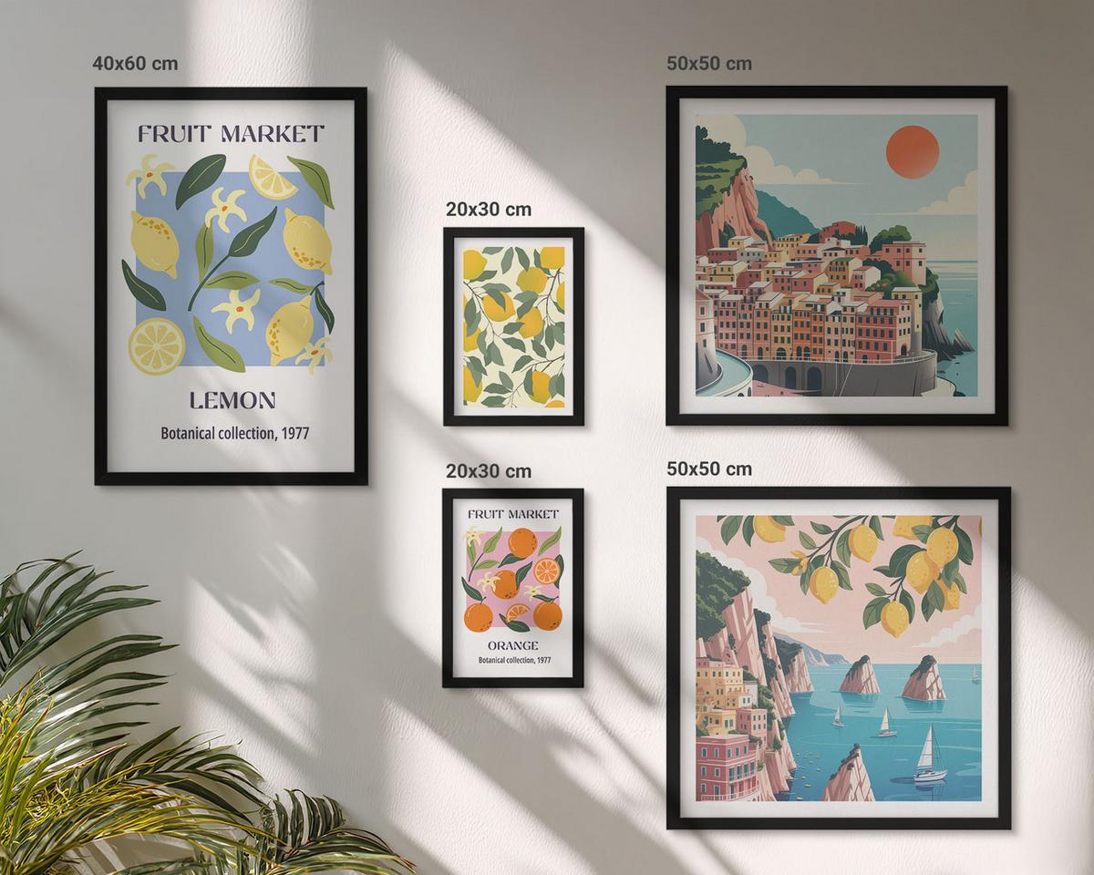 BILDER SET 5er Set - 50x50 cm & 20x30 cm & 40x60 cm Schwarzer Rahmen - Italienische Zitronenurlaube Capri - Schwarz, Kunststoff (40/60cm) - TULUP