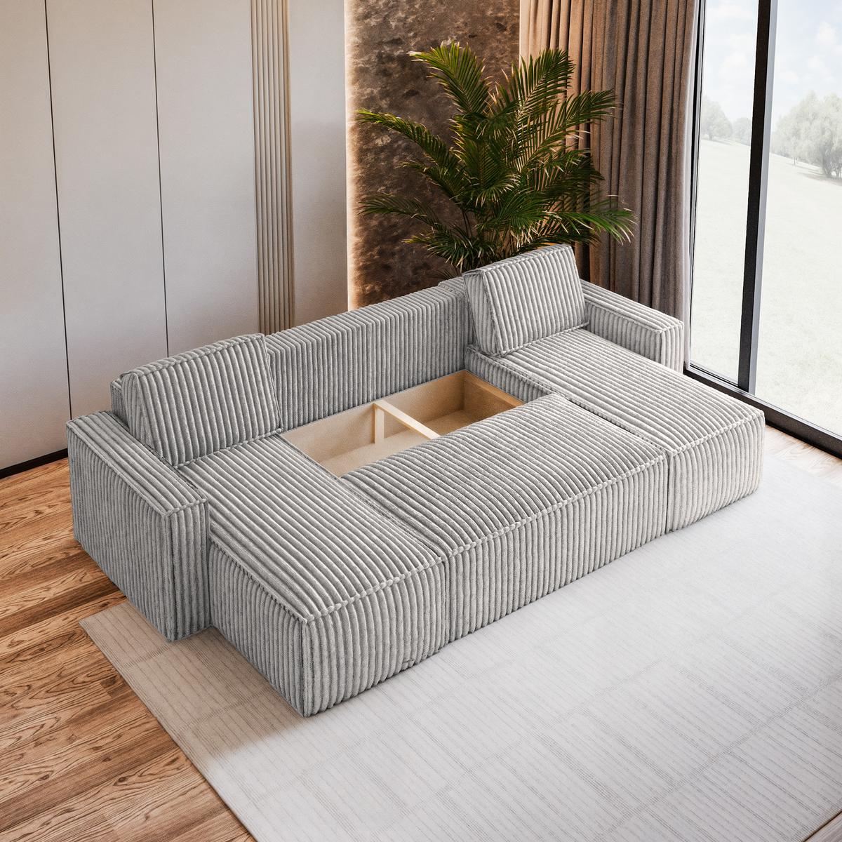WOHNLANDSCHAFT PESANO T Hellgrau Kordstoff mit Schlaffunktion - Hellgrau/Grau, Holz/Kunststoff (306/85/140cm) - MASSENO