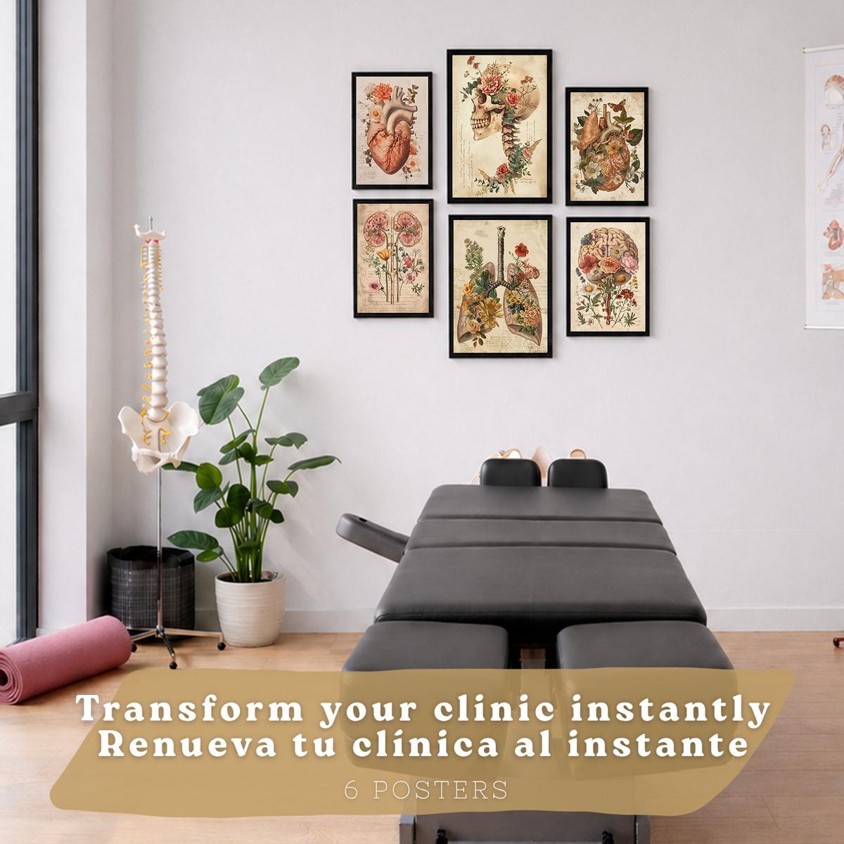 POSTER Set aus 6 Botanische Anatomie Drucke mit Herz Lungen Wirbelsäule Becken und Rippen Beige Terrakotta Erdtöne Florales Schwarzer Rahmen A3 & A4 - Schwarz, Papier (29.7/42/3cm) - Nacnic
