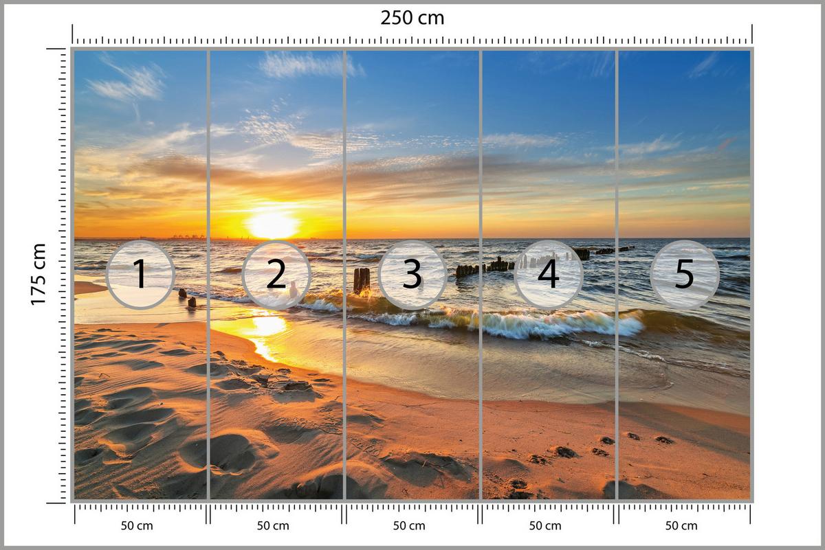 FOTOTAPETE Sonnenuntergang Strand Meer Landschaft 3D 250x175 cm - Beige/Orange, Papier (250/175cm) - Muralo